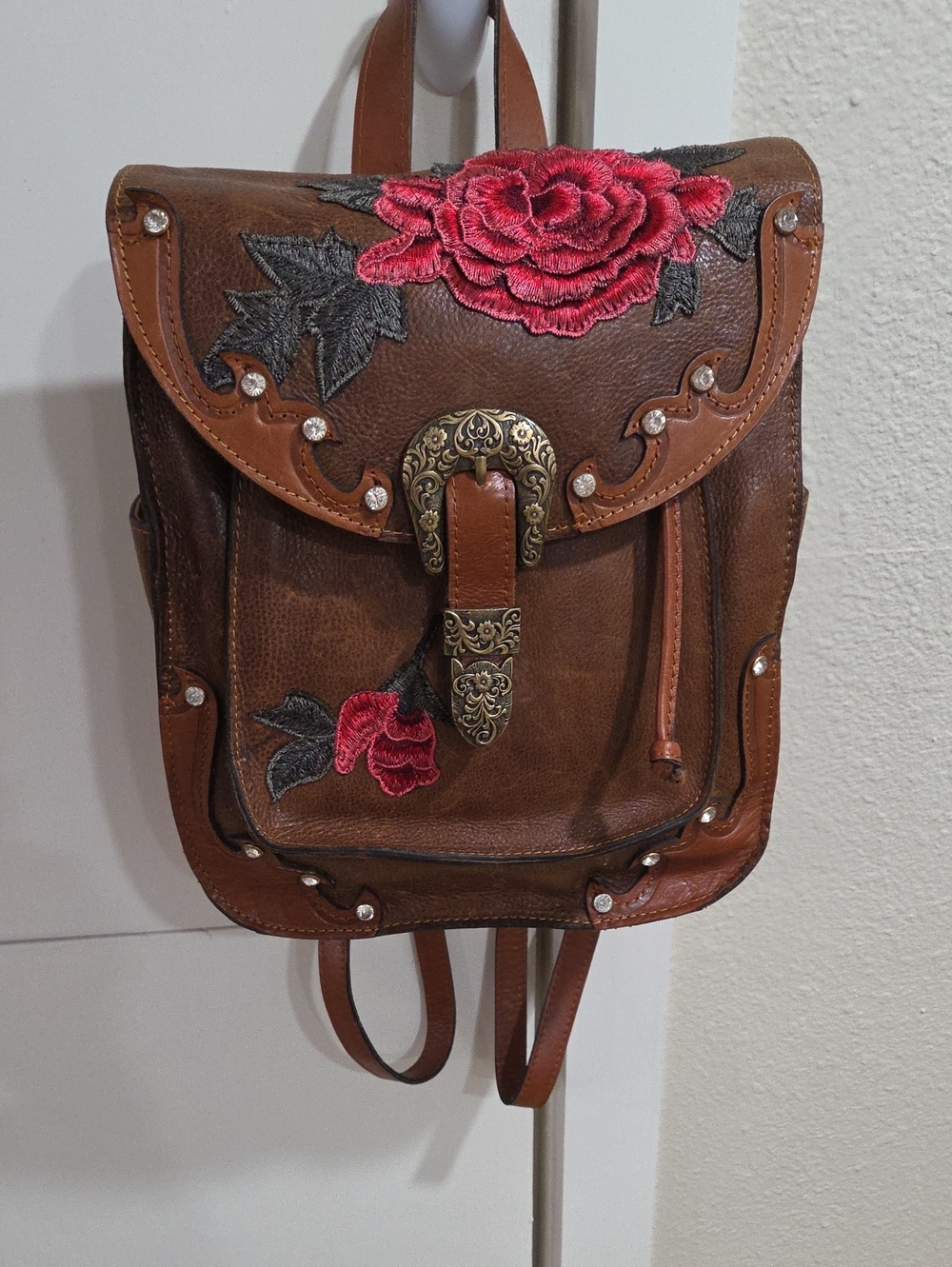 Patricia Nash Brown Leather Floral Embroidered Backpack